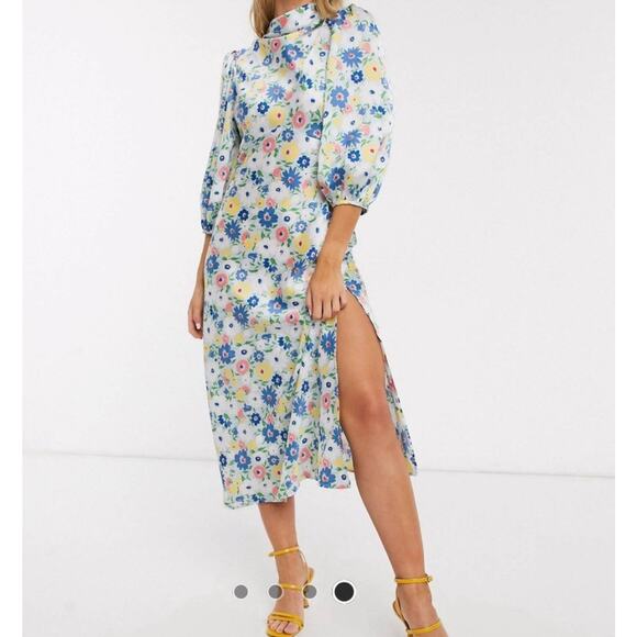 ASOS Maxi Tea Dress Satin Puff Sleeve Cowl Neck Floral Dopamine Cottage Size 12 - Picture 1 of 8